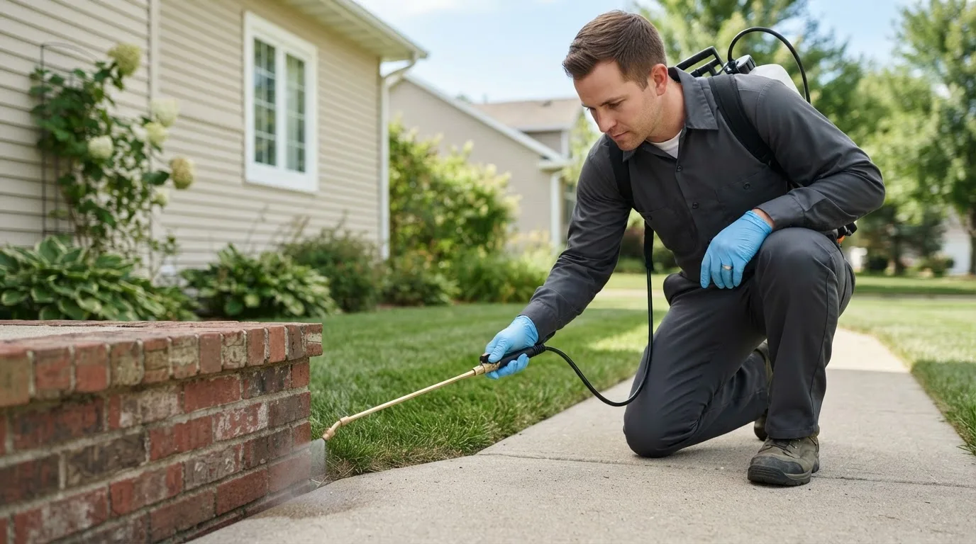 Pest control technician treating a home near Granville, IA