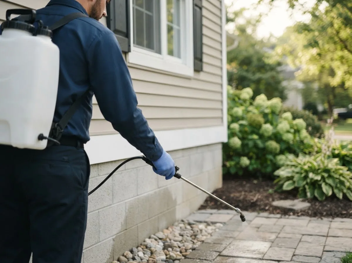 Pest control technician inspecting a home in Granville, IA